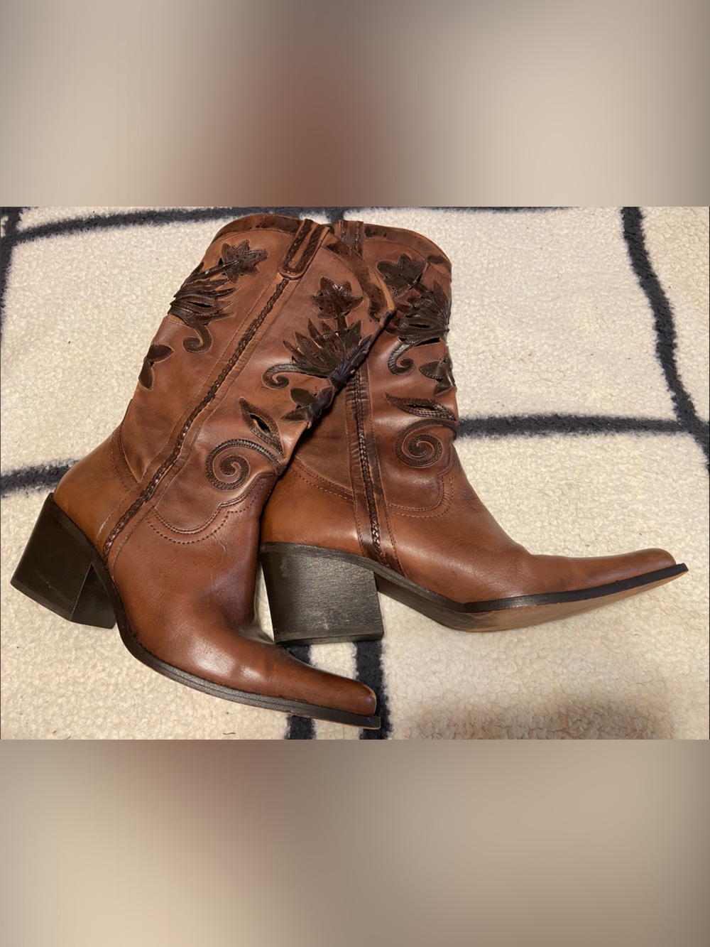 Brown Leather Western Boots with Embroidered Detail by Carlos Santana